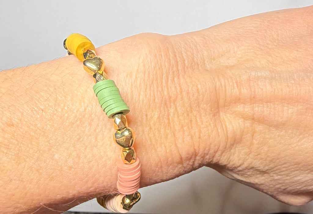 Neutral Heishi Beaded Stretch Bracelet | Peach, Mustard & Sage with Gold Accents