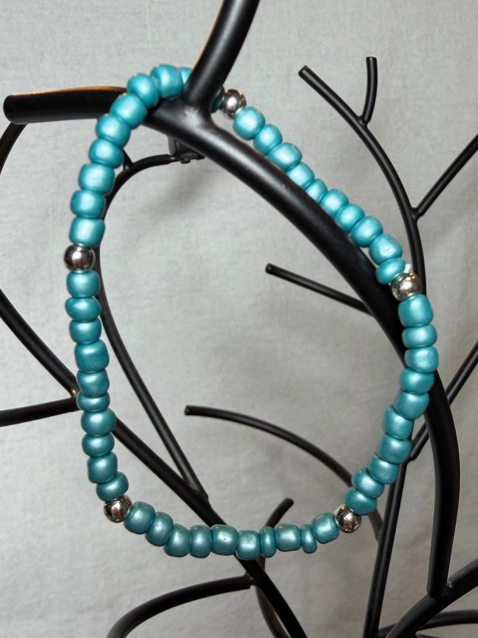 Turquoise Seed Bead Bracelet Set (Set of 3) – Handmade Stretch Bracelets with Silver Heart Accents