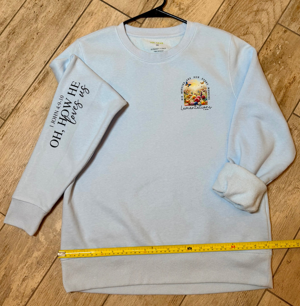 “His Mercies Are New Every Morning” Floral Crewneck Sweatshirt | Soft Sky Blue