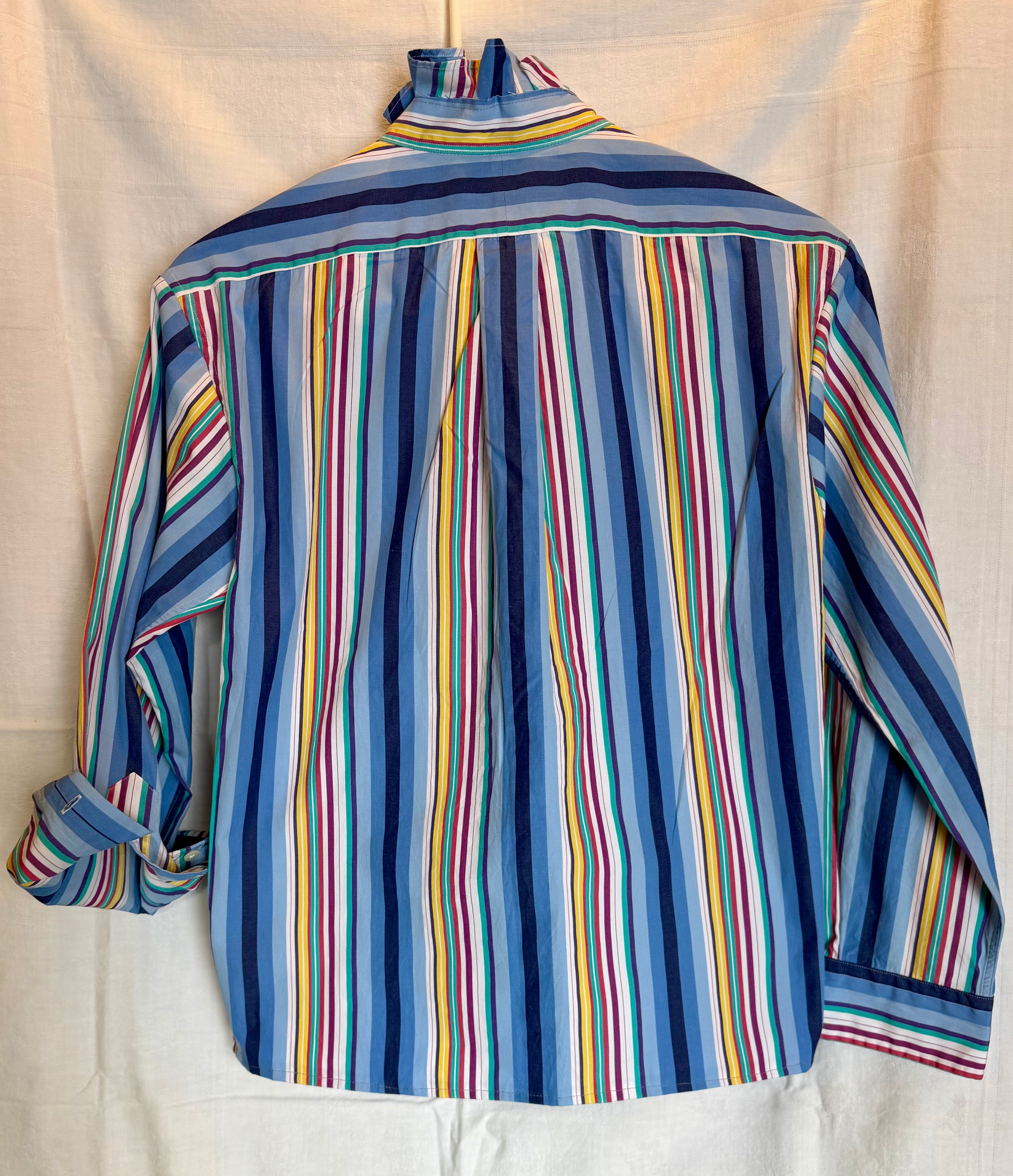Blue Multi-Stripe Ruffle Collar Top