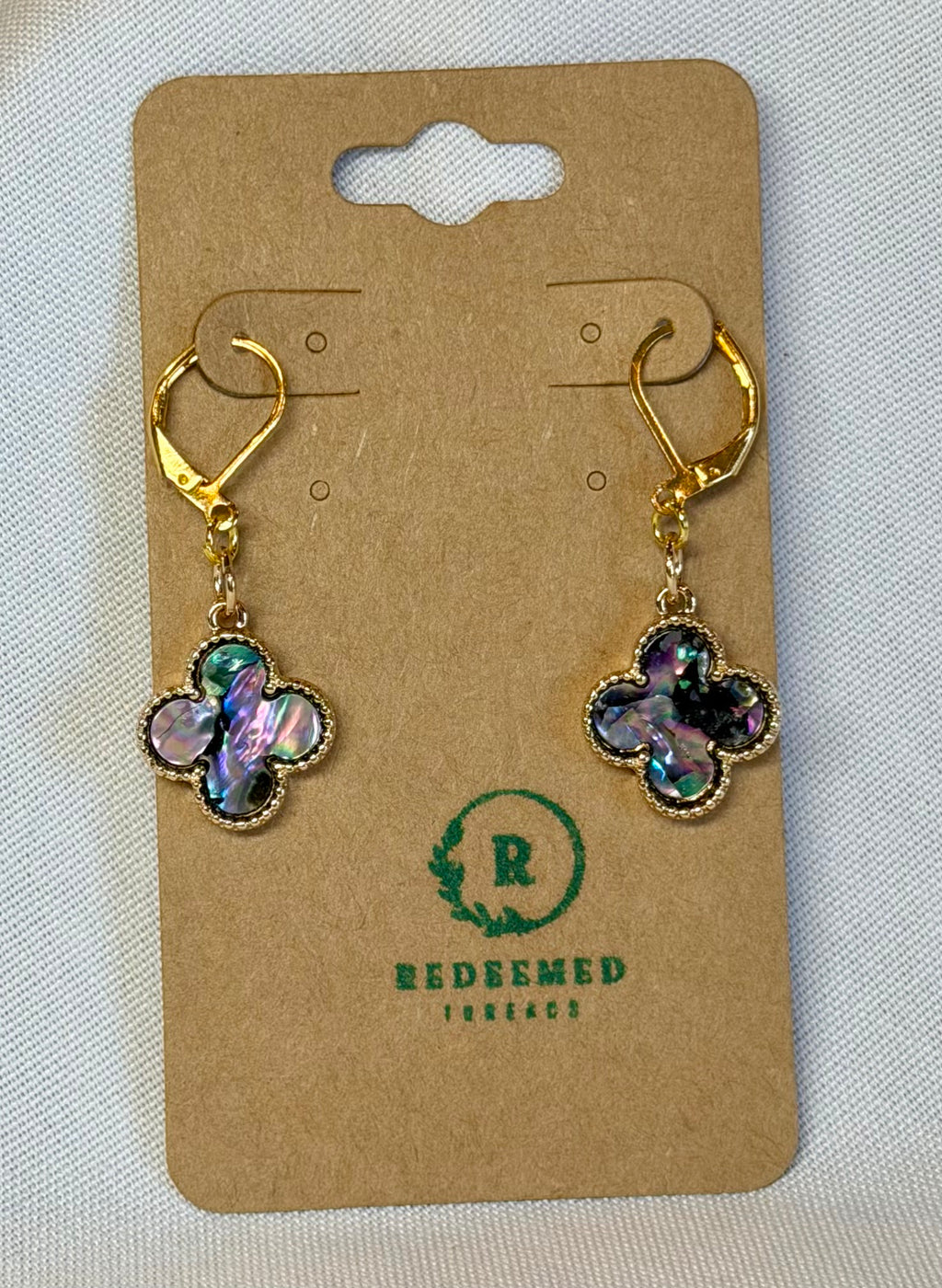“Iridescent Clover” Abalone Shell Drop Earrings | Gold