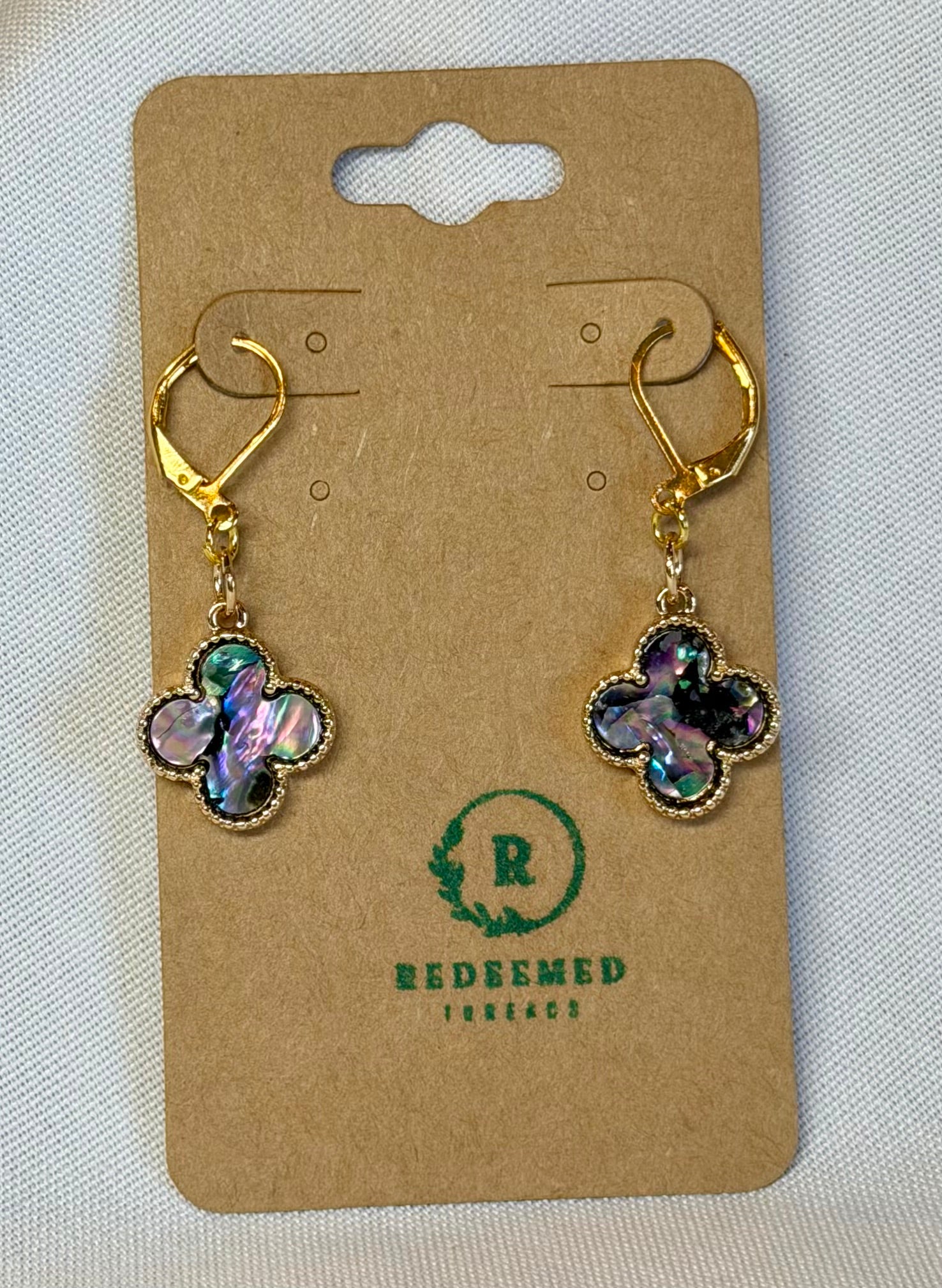 “Iridescent Clover” Abalone Shell Drop Earrings | Gold