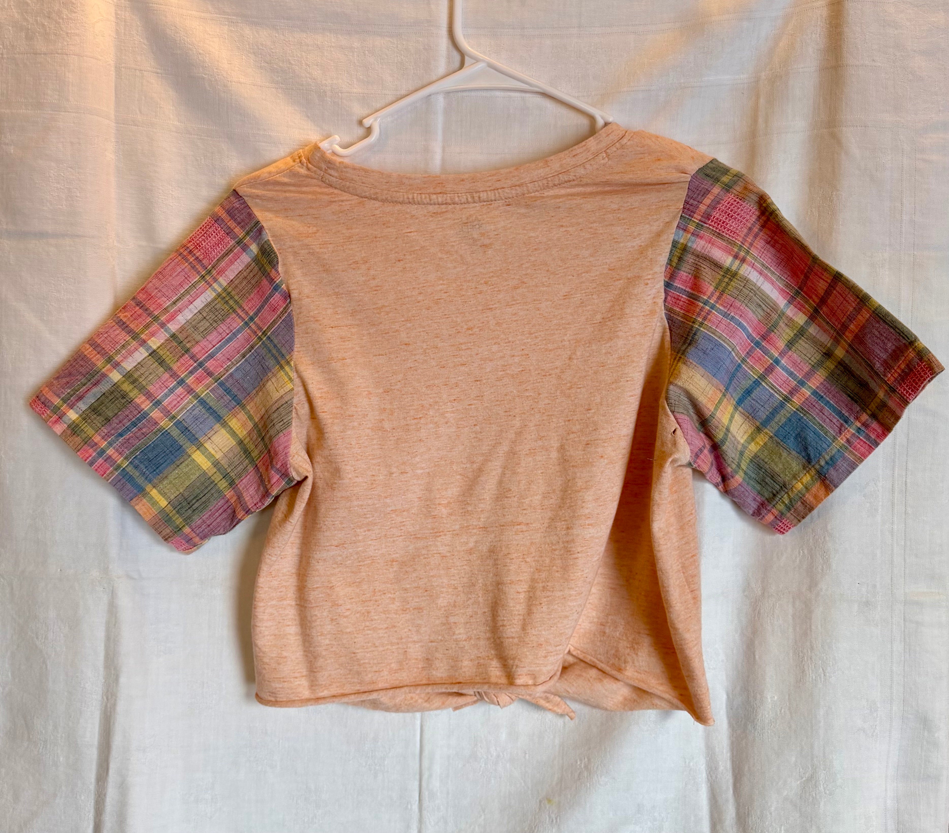 Peach Tie-Front Plaid Sleeve Top