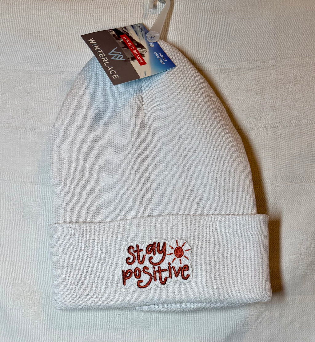 “Stay Positive” Embroidered Beanie | White