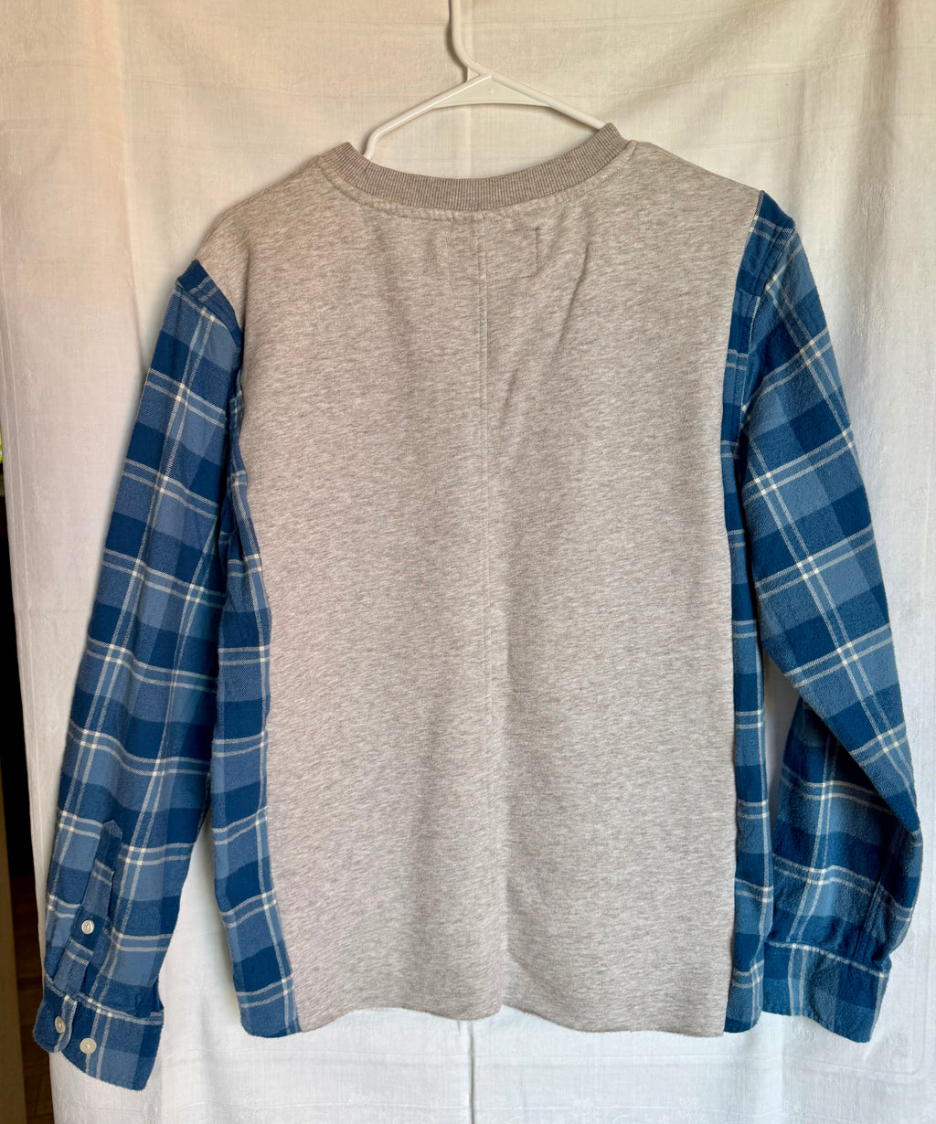 Heather Gray Sweatshirt With Blue Plaid Sleeve Top