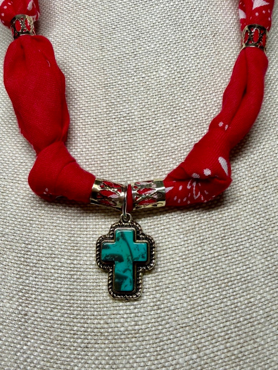 Red Bandana Turquoise Cross Necklace
