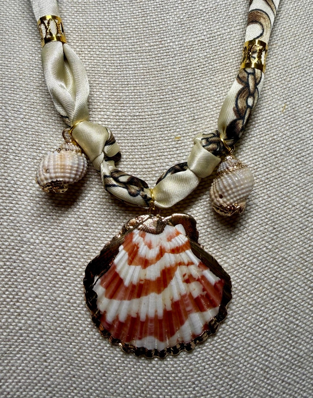 Ivory Chain Print Braided Scarf Necklace with Shell Pendant