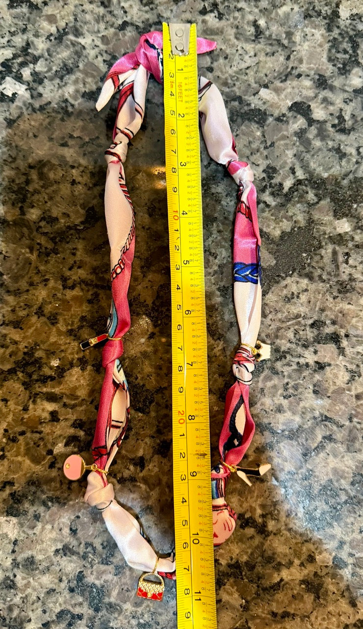 Pink Scarf Necklace with Gold Purse Charm | Adjustable Tie Necklace