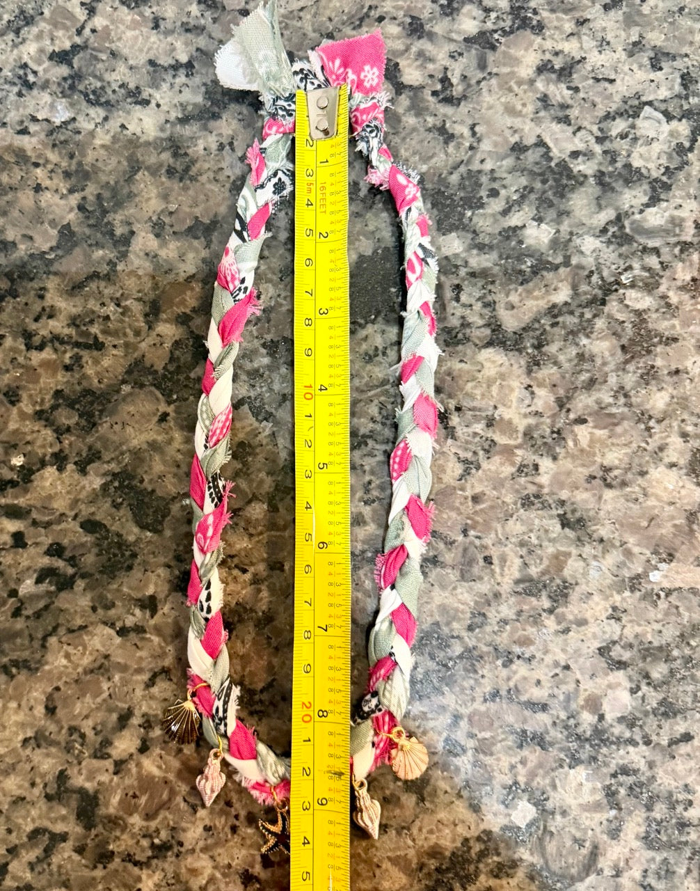 Braided Bandana Necklace with Seashell & Starfish Charms | Handmade Upcycled Fabric Jewelry