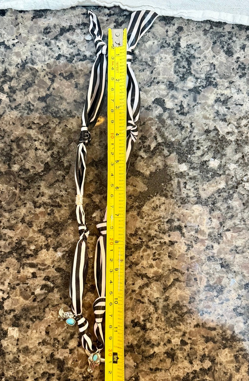 Black & White Western Scarf Necklace with Turquoise Bull Skull Charm