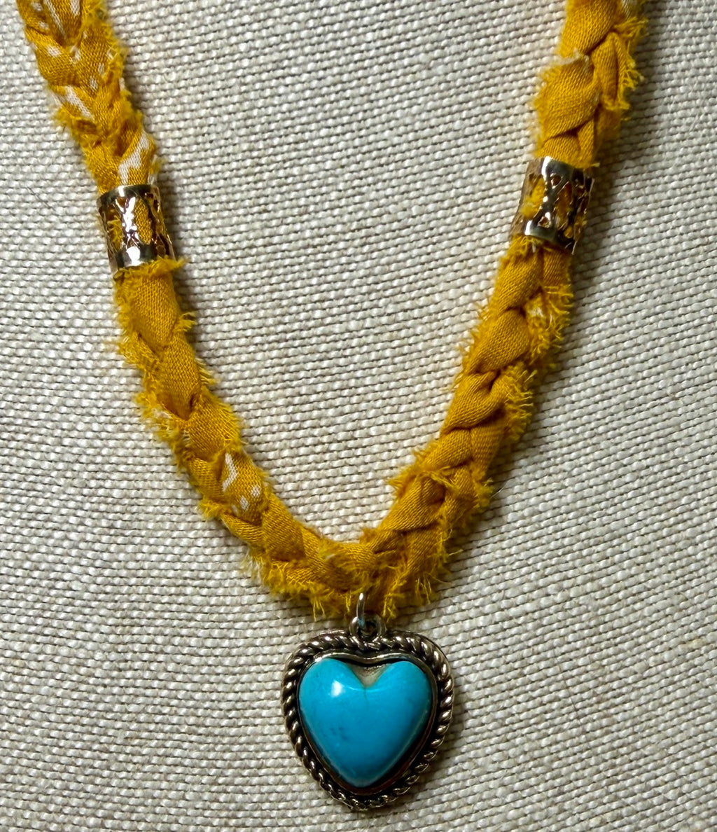 Mustard Braided Bandana Necklace with Turquoise Heart Charm
