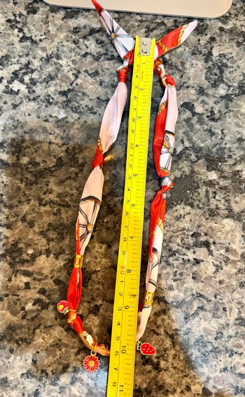 Red & White Scarf Necklace with Strawberry & Daisy Charms – Adjustable Fabric Choker