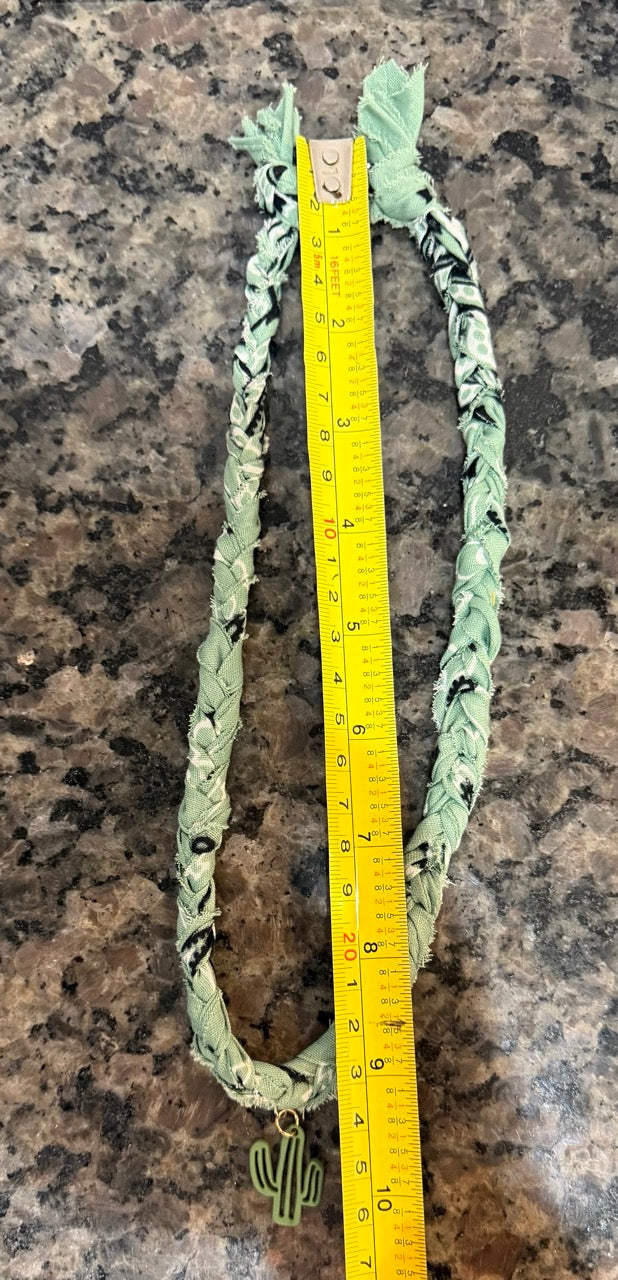 Braided Green Bandana Necklace with Cactus Charm