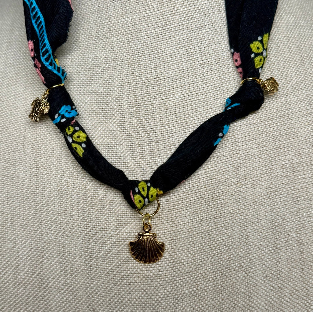 Midnight Garden Scarf Necklace with Gold Shell Charm