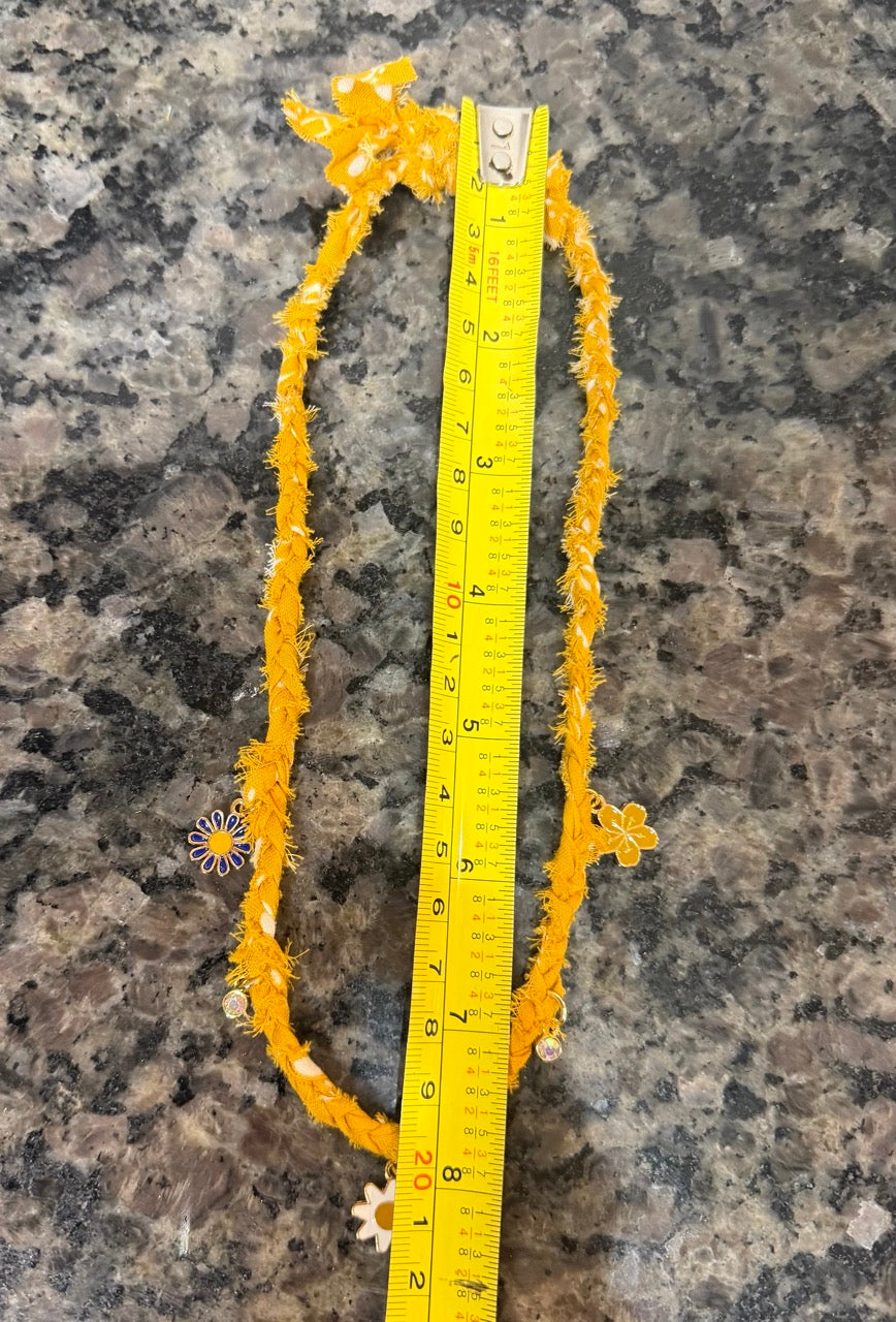 Mustard Yellow Braided Bandana Necklace with Daisy Charms | Handmade Upcycled Fabric Jewelry