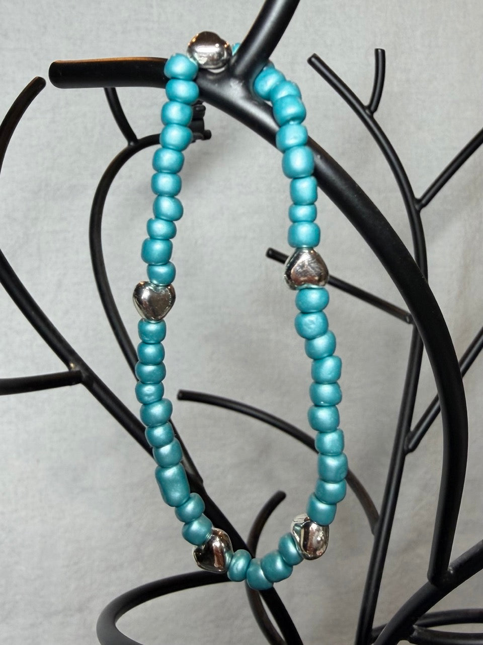 Turquoise Seed Bead Bracelet Set (Set of 3) – Handmade Stretch Bracelets with Silver Heart Accents