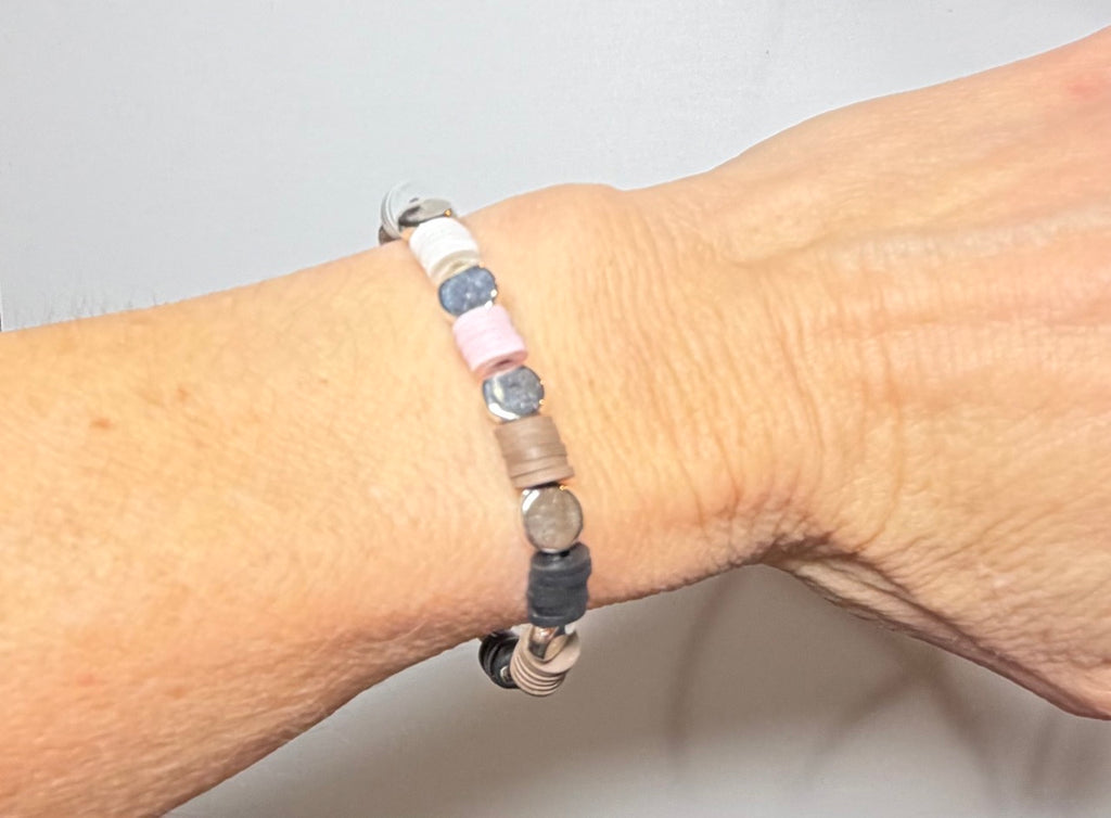 Neutral Heishi Beaded Stretch Bracelet | Blush, White, Taupe & Black with Gunmetal Accents