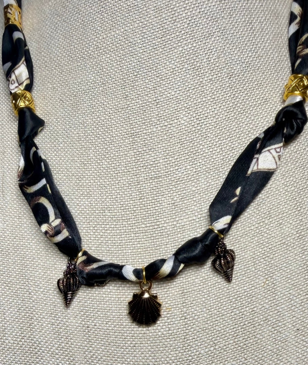Black Braided Scarf Necklace with Shell Charms | Handmade Boho Statement Jewelry