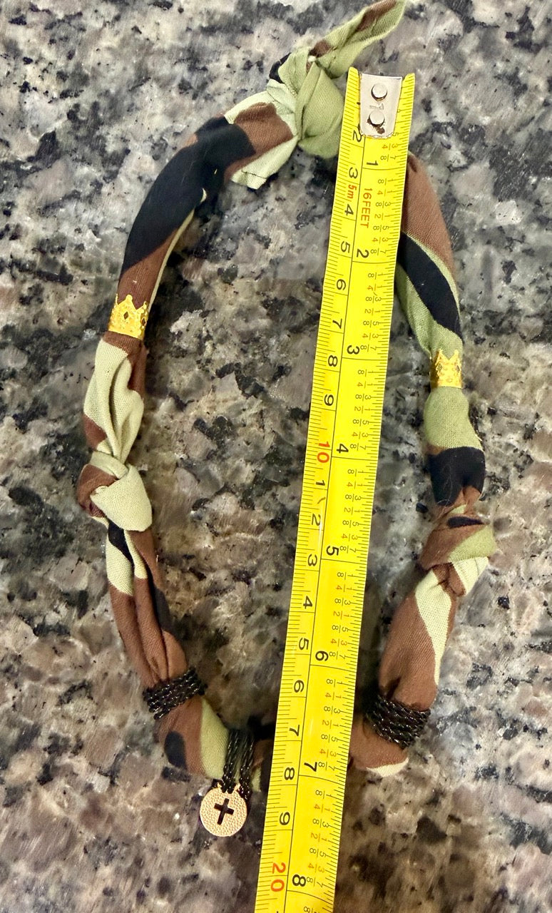 Camo Cross Bandana Necklace – Handmade Fabric Choker with Gold Charm