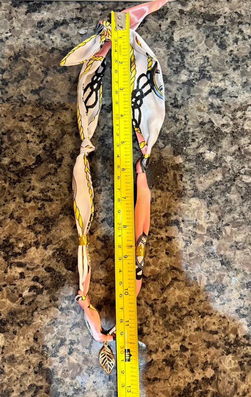 Black & White Scarf Necklace with Gold Leaf Charm | Adjustable Handmade Statement Necklace