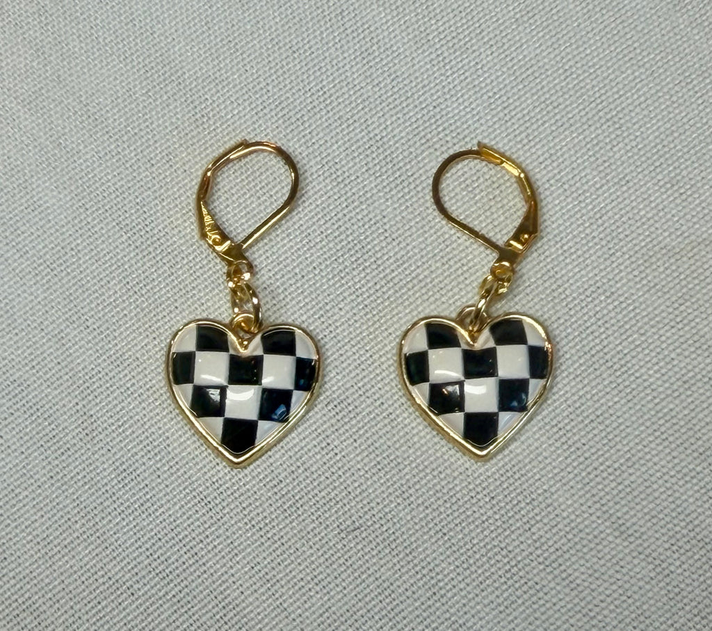 “Checker Heart” Statement Earrings | Black & White