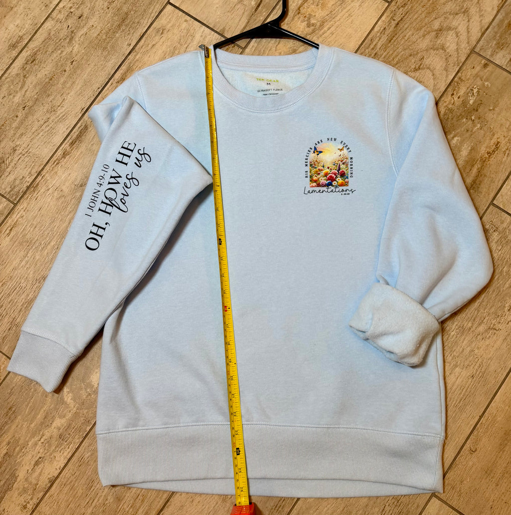 “His Mercies Are New Every Morning” Floral Crewneck Sweatshirt | Soft Sky Blue