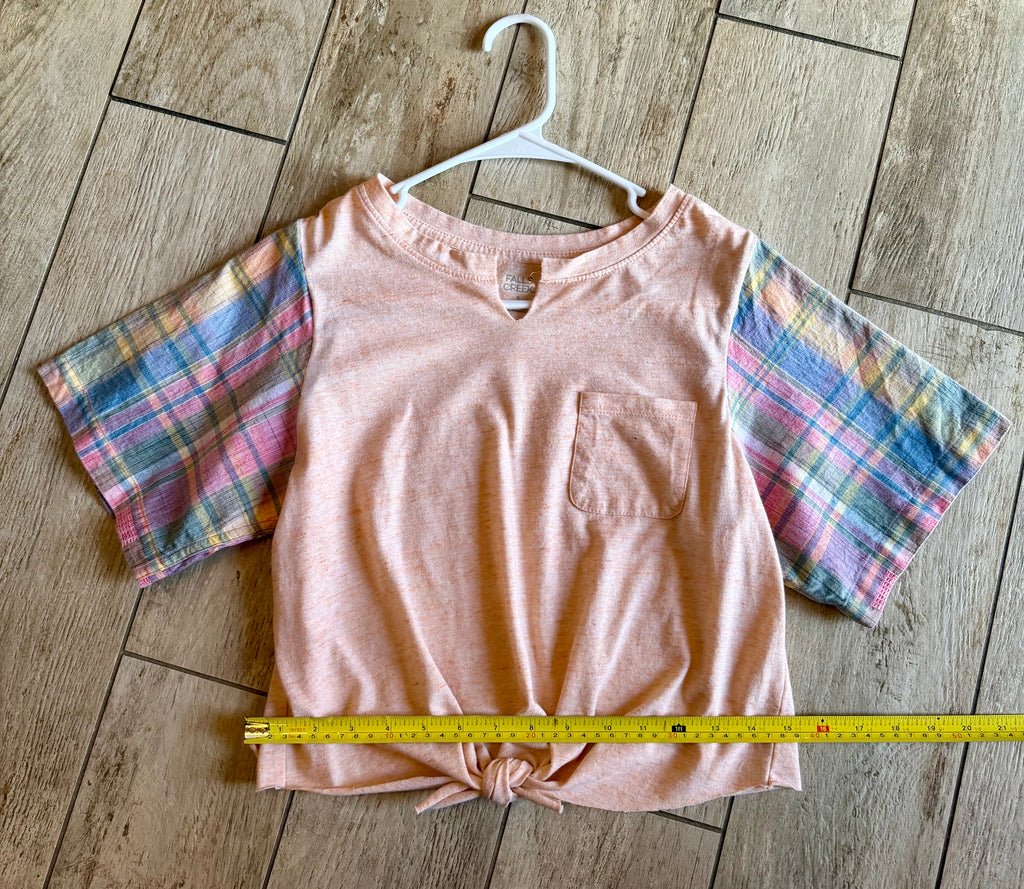 Peach Tie-Front Plaid Sleeve Top