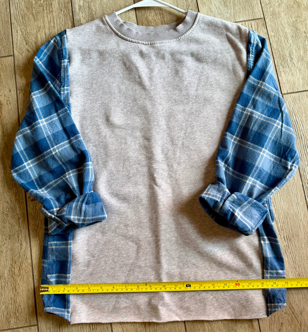 Heather Gray Sweatshirt With Blue Plaid Sleeve Top