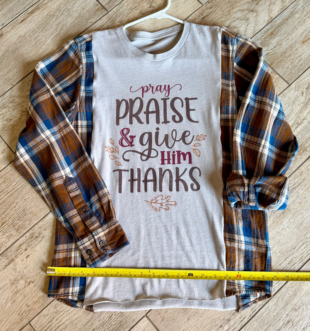 Pray, Praise & Give Him Thanks Plaid Sleeve Top