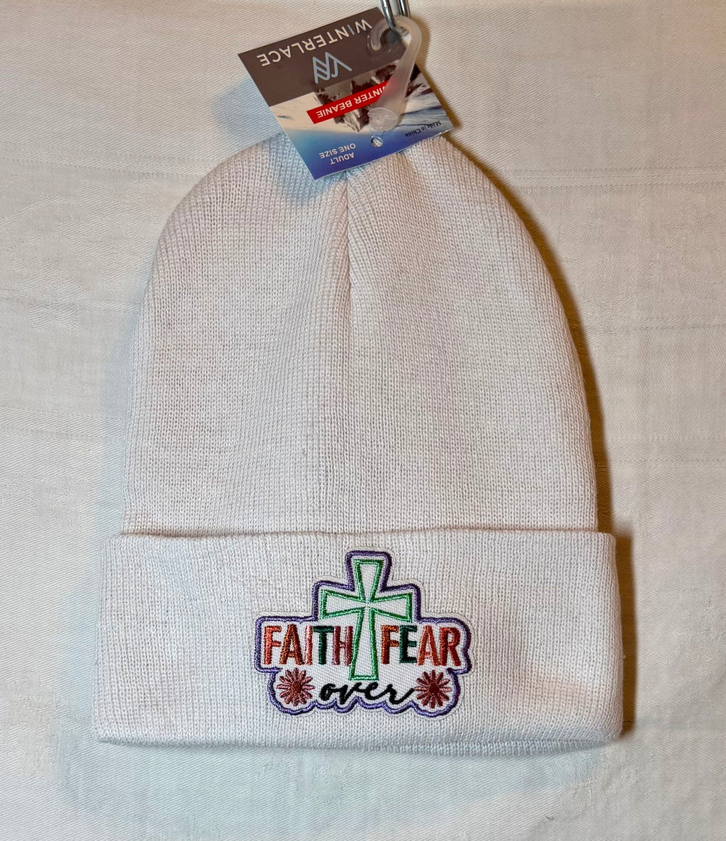 “Faith Over Fear” Embroidered Beanie | White
