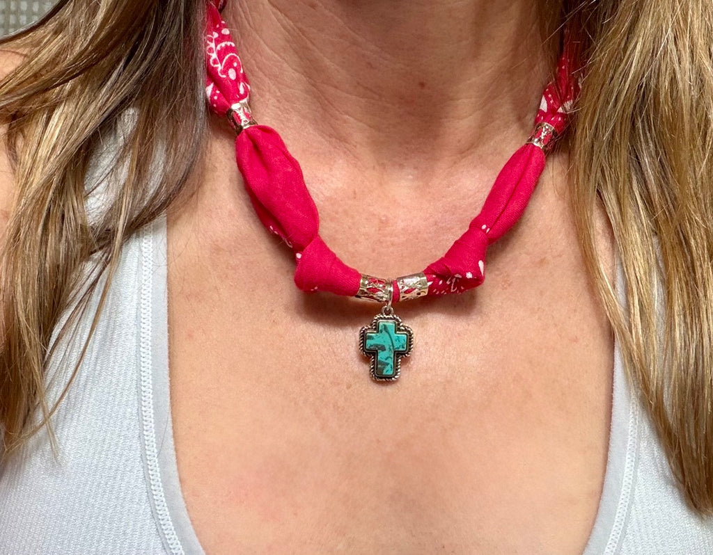 Red Bandana Turquoise Cross Necklace