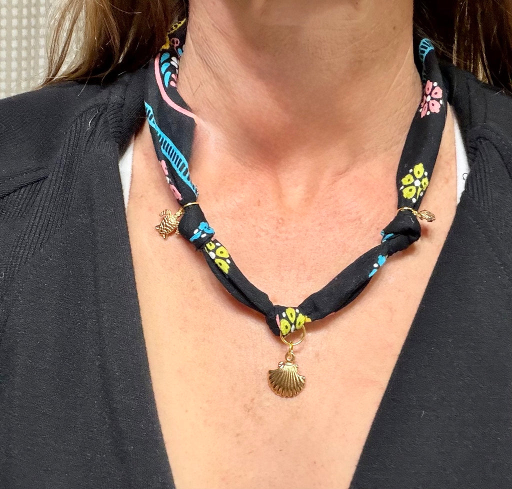 Midnight Garden Scarf Necklace with Gold Shell Charm