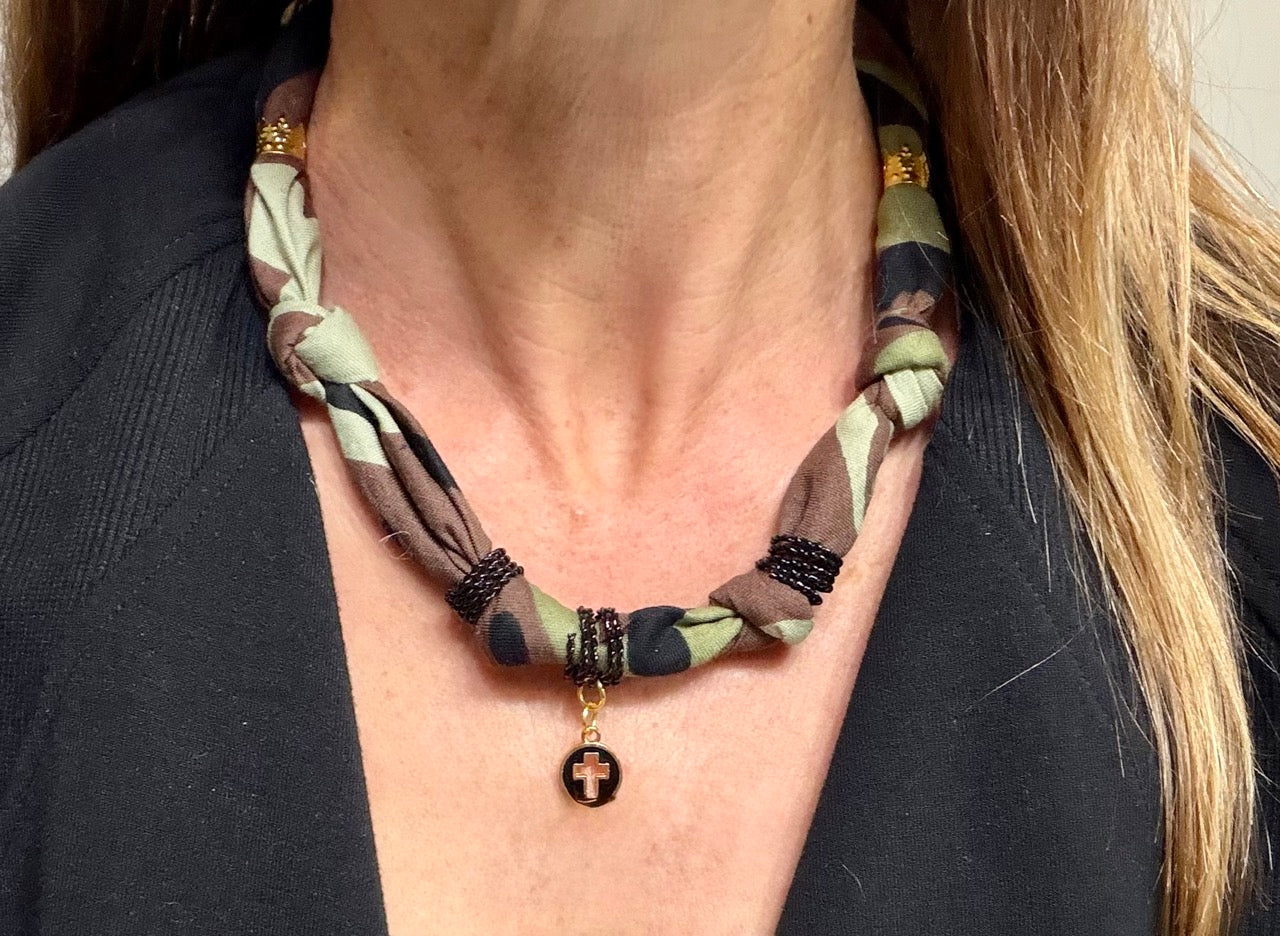 Camo Cross Bandana Necklace – Handmade Fabric Choker with Gold Charm