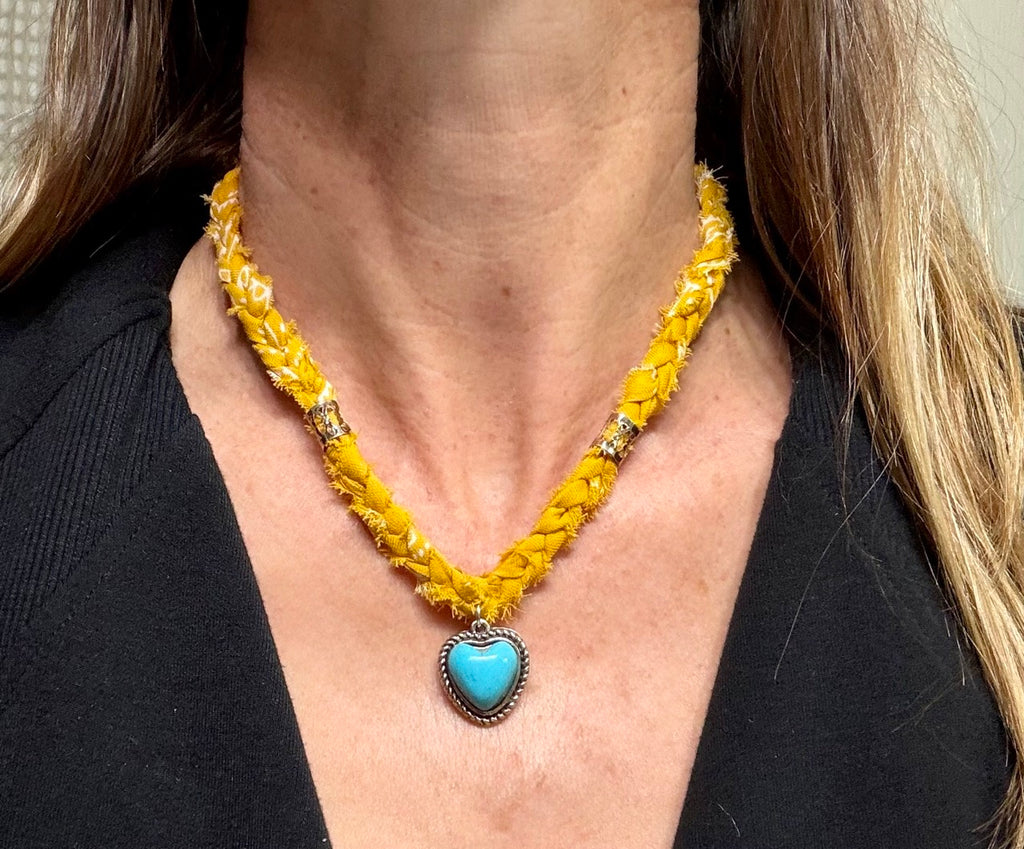 Mustard Braided Bandana Necklace with Turquoise Heart Charm