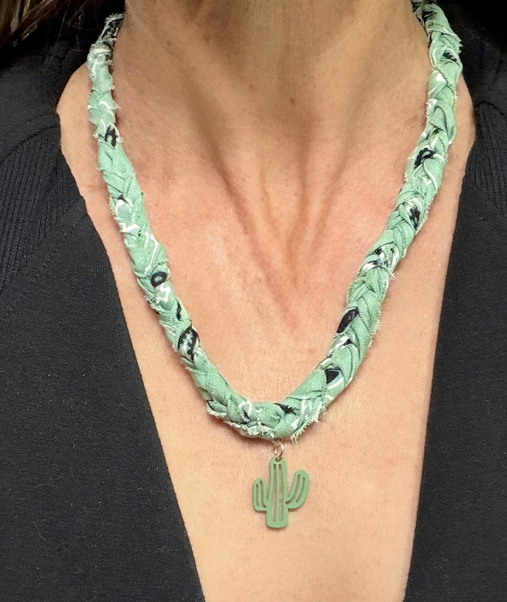 Braided Green Bandana Necklace with Cactus Charm
