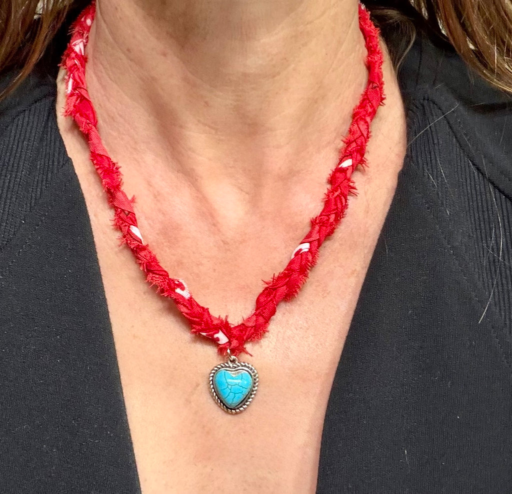 Red Braided Bandana Necklace with Turquoise Heart Charm – Handmade Boho Western Jewelry