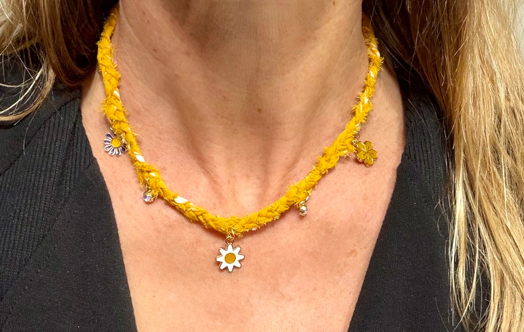 Mustard Yellow Braided Bandana Necklace with Daisy Charms | Handmade Upcycled Fabric Jewelry