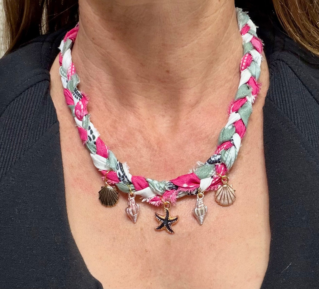 Braided Bandana Necklace with Seashell & Starfish Charms | Handmade Upcycled Fabric Jewelry