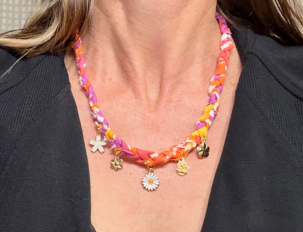 Upcycled Braided Bandana Necklace & Bracelet Set | Floral Charm Fabric Jewelry | One of a Kind