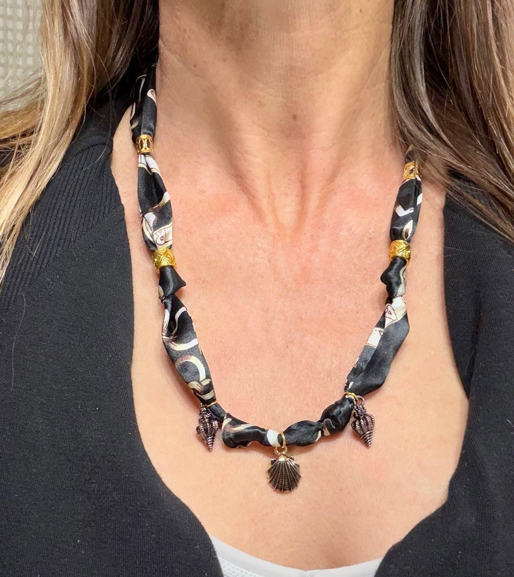 Black Braided Scarf Necklace with Shell Charms | Handmade Boho Statement Jewelry