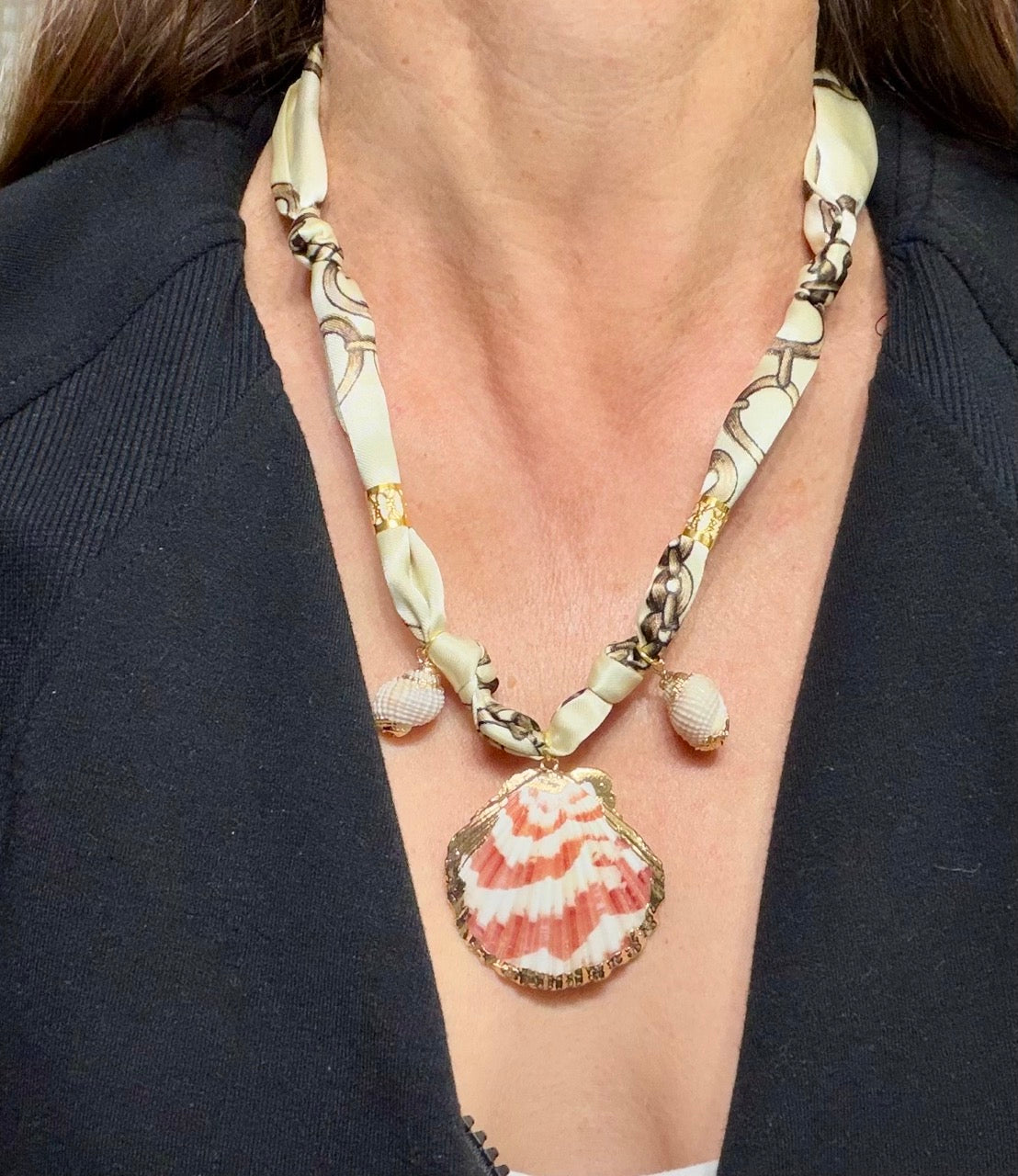 Ivory Chain Print Braided Scarf Necklace with Shell Pendant