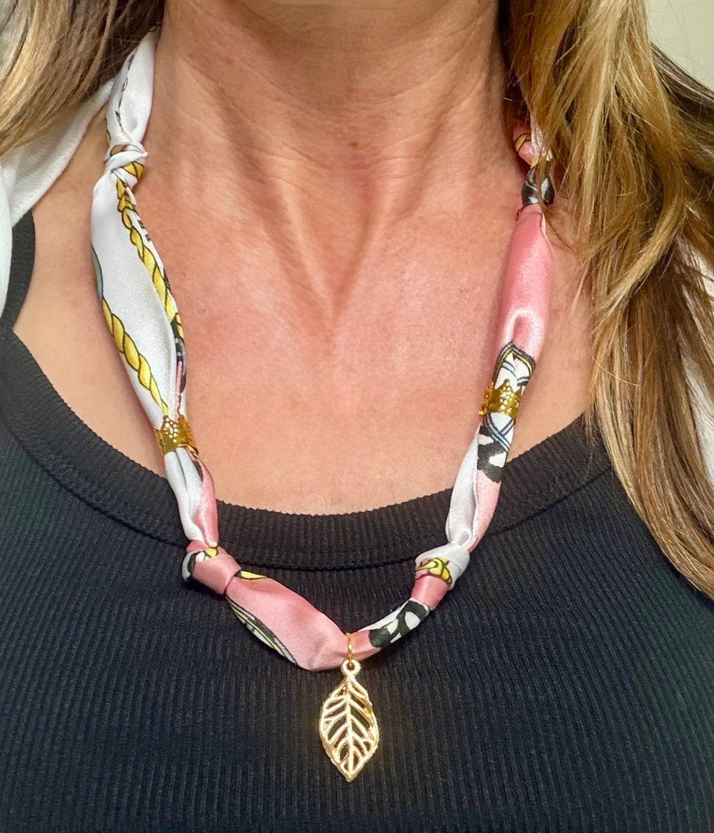 Black & White Scarf Necklace with Gold Leaf Charm | Adjustable Handmade Statement Necklace