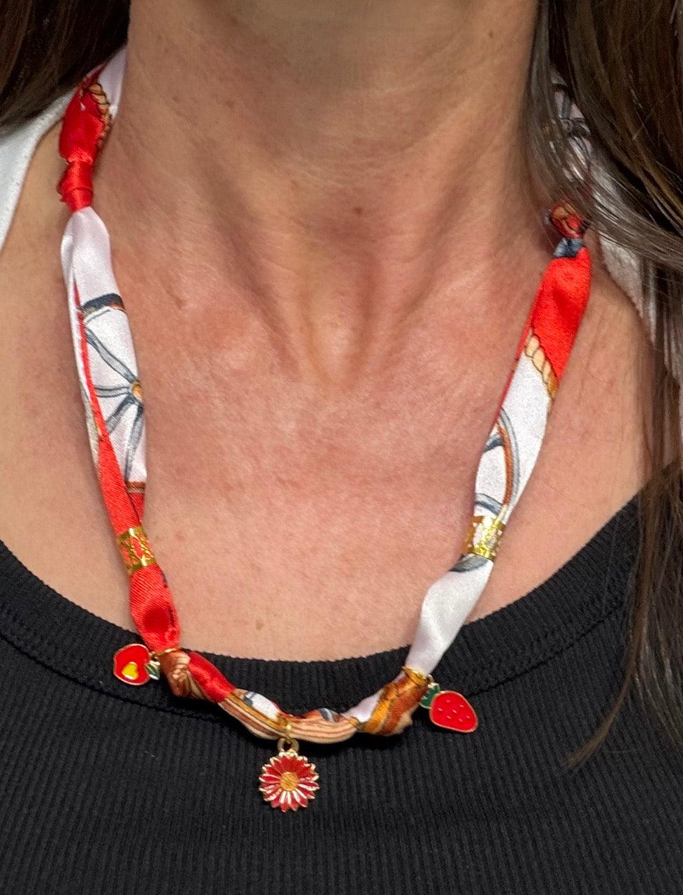Red & White Scarf Necklace with Strawberry & Daisy Charms – Adjustable Fabric Choker