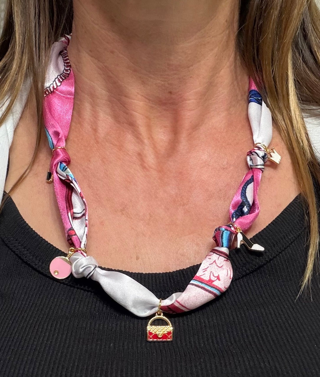 Pink Scarf Necklace with Gold Purse Charm | Adjustable Tie Necklace