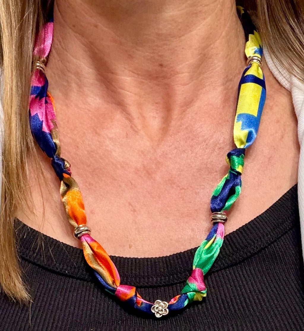 Colorful Scarf Necklace | Handmade Knotted Scarf Necklace with Floral Charm