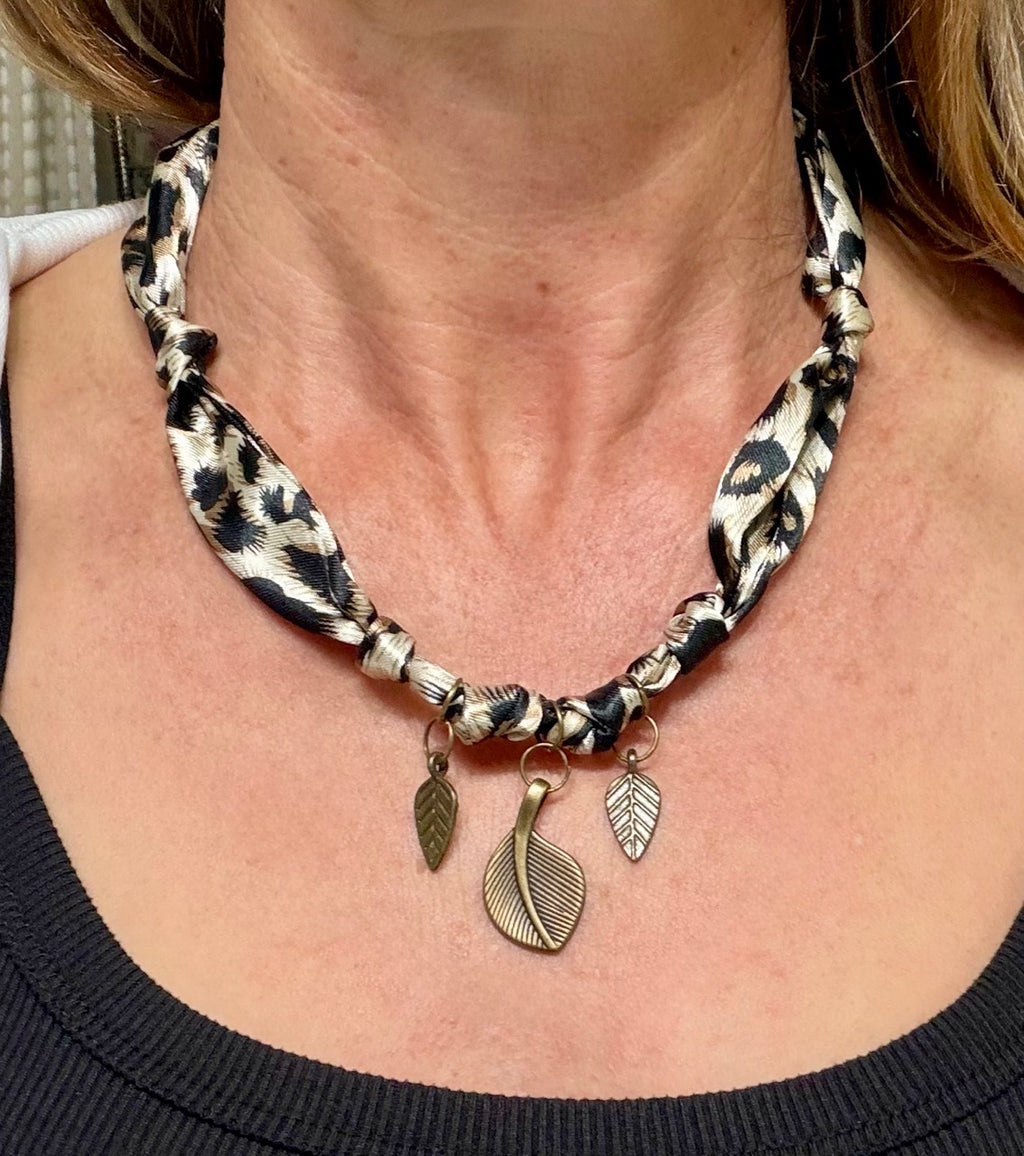 Leopard Print Fabric Necklace with Brass Leaf Charms