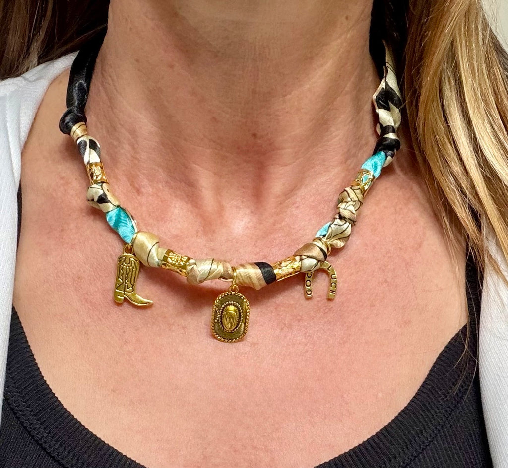 Western Scarf Necklace with Gold Charms – Handmade Cowgirl Scarf Tie Necklace