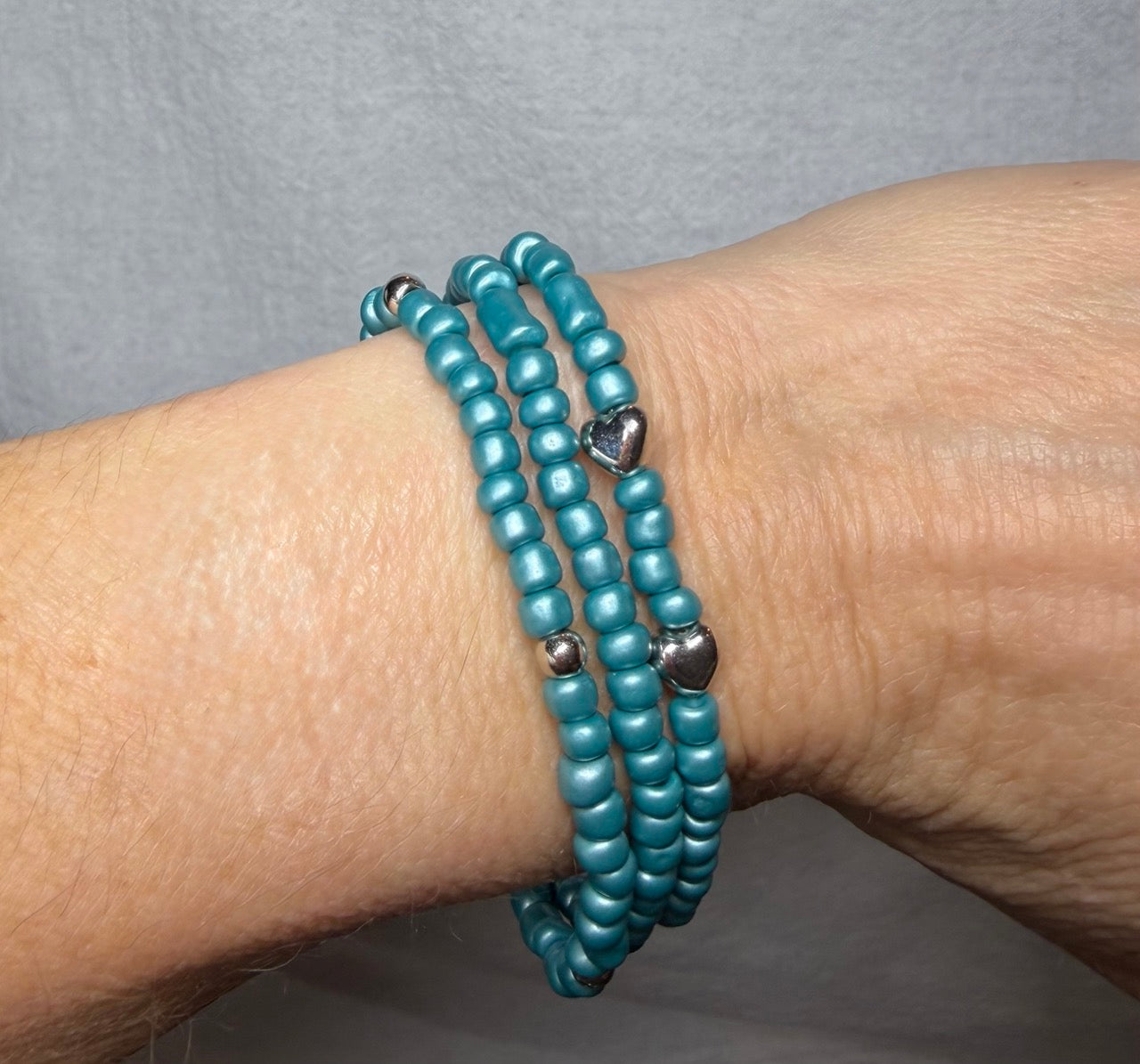 Turquoise Seed Bead Bracelet Set (Set of 3) – Handmade Stretch Bracelets with Silver Heart Accents