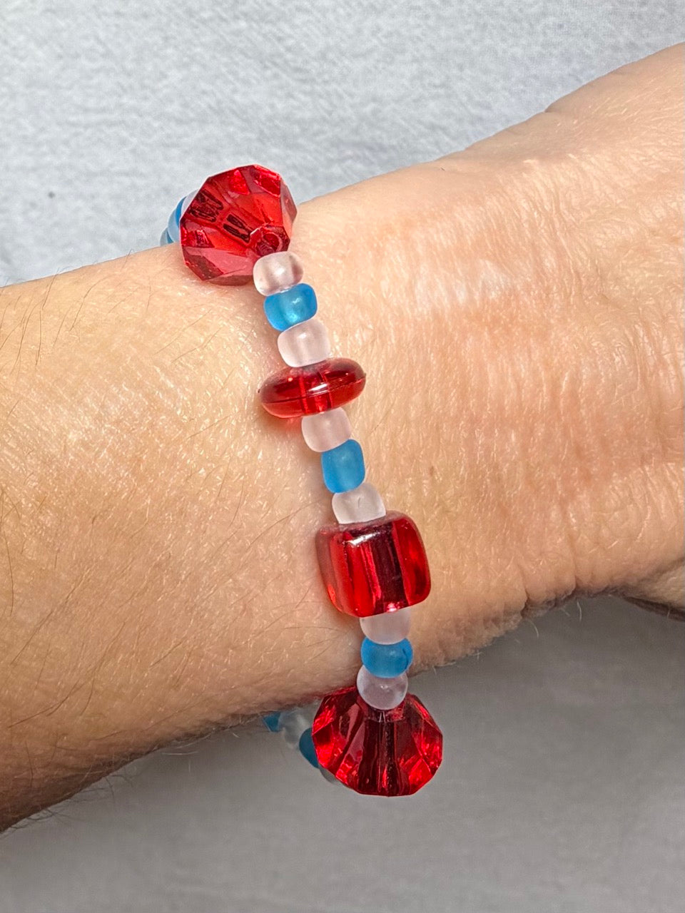 Red & Aqua Glass Beaded Bracelet | Handmade Stretch Bracelet