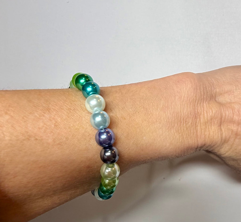Ocean Meadow Pearl Beaded Stretch Bracelet | Handmade Green & Blue Statement Jewelry